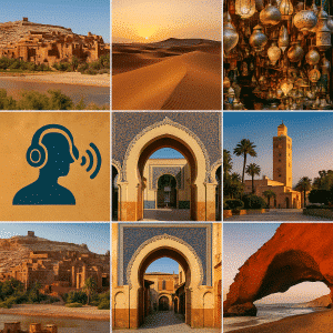Este collage visual reúne nueve postales de Marruecos que reflejan su asombrosa diversidad: desde las kasbahs de Aït Ben Haddou y los desiertos dorados hasta los zocos llenos de luz, las mezquitas monumentales y la arquitectura árabe-andalusí. En el centro, un discreto símbolo de audioguía sugiere un recorrido narrado por escenarios que han inspirado películas y sueños por igual. Ideal como portada para una audioguía temática.